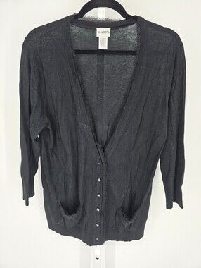 Chicos Womens Sz 2 (US L) V Neck Cardigan Sweater Bamboo Black Lightweight